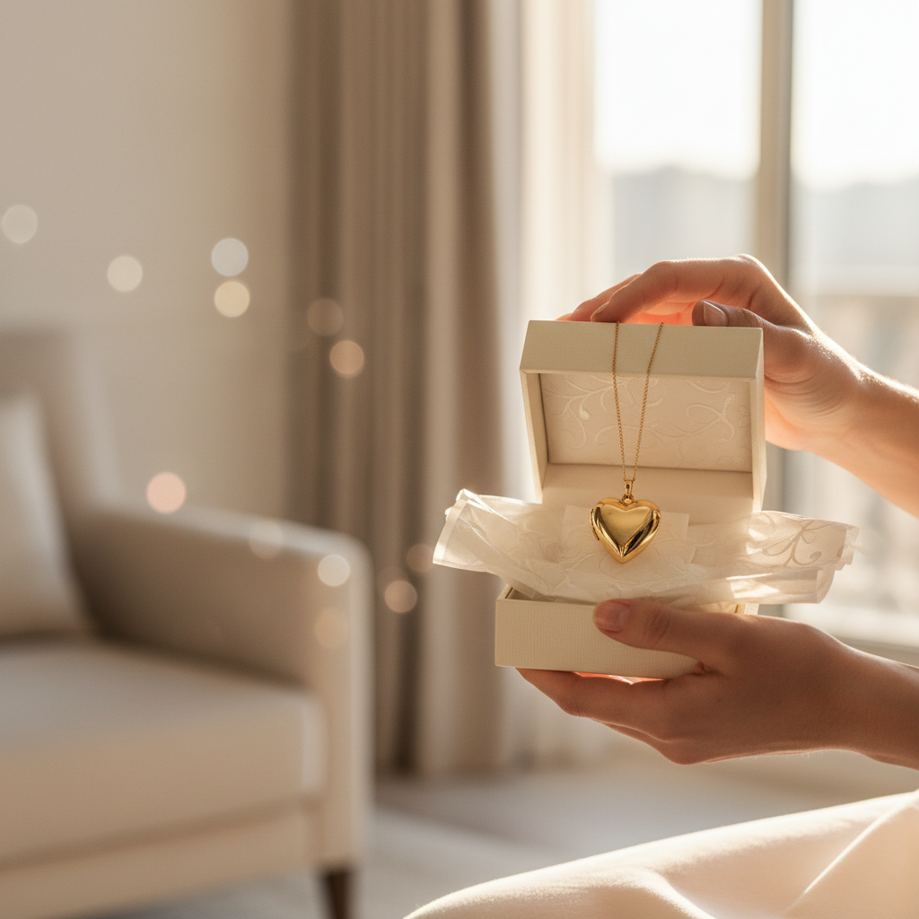 Gold heart pendant necklace in gift box